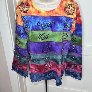 KPC Himalayan Tie Dye Hand Painted Beaded Patchwork Long Sleeve Top Nwt XL